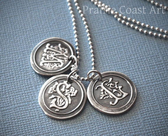 Three Personalized Silver Wax Seal Initials - Ornate Customized Letters on a Sterling Silver Ball Chain