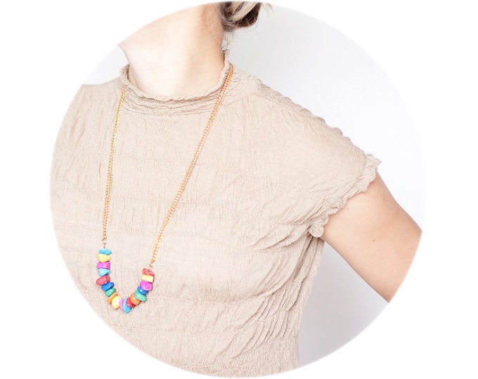 Long Statement Chain Necklace Colorful Jade Multicolor Gold Boho Glam Bohemian fashion free shipping tbteam rusteam