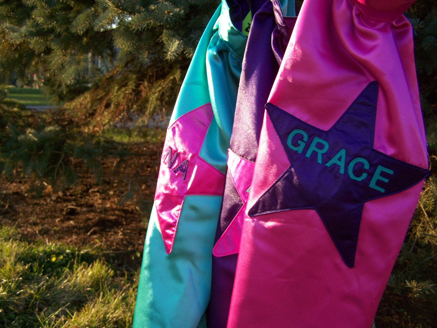 Superhero Super Hero or Royalty Kids Cape Party Pack of TEN Reversible Washable Satin Teal Purple and Hot Pink Personalization