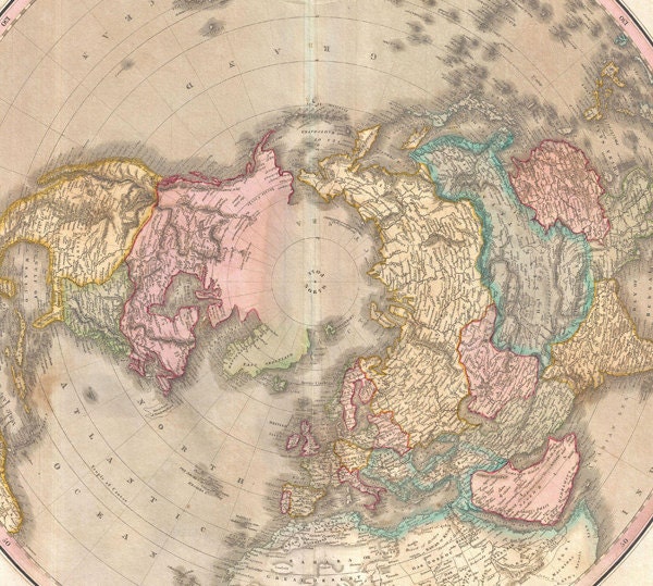 Antique World Map Print "Northern Hemisphere" Arctic Explorer Adventure - Victorian Map - Masculine Art - Sailor Nautical Print