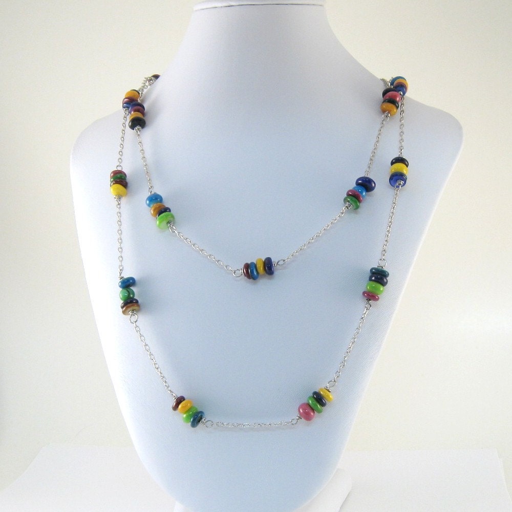 Colorful MOP Necklace Mother of Pearl Antique Silver Long Beaded Wire Wrapped