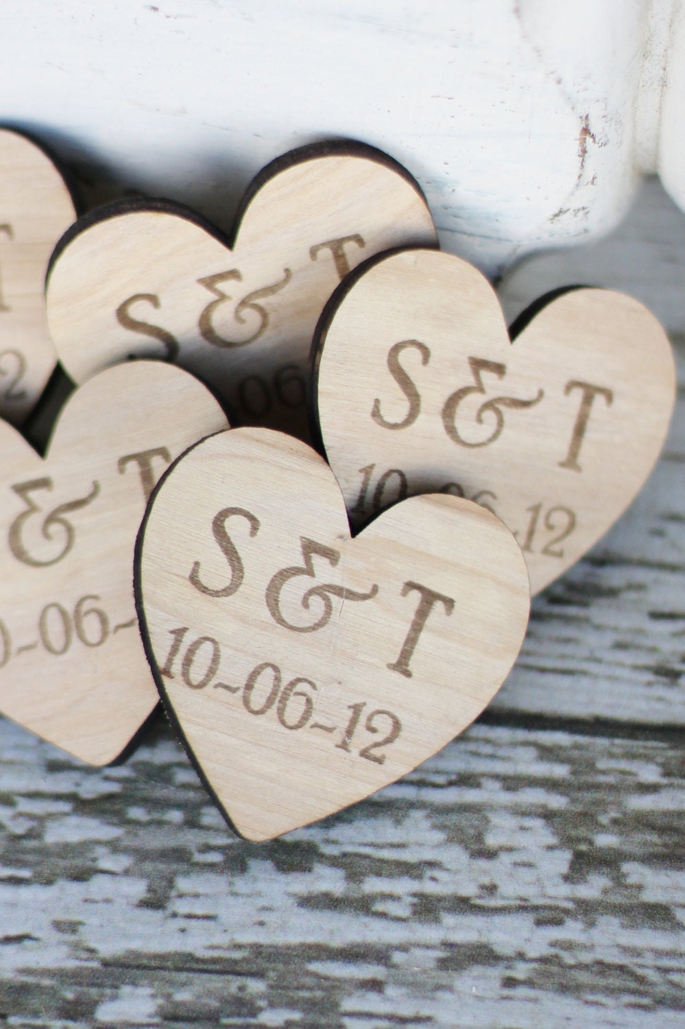 50 Personalized Wood Heart Magnets Wedding Favors Rustic (item S10135)