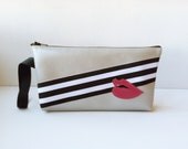 silver party clutch - hot pink lips & stripes on silver pleather  : "this ain't no disco"