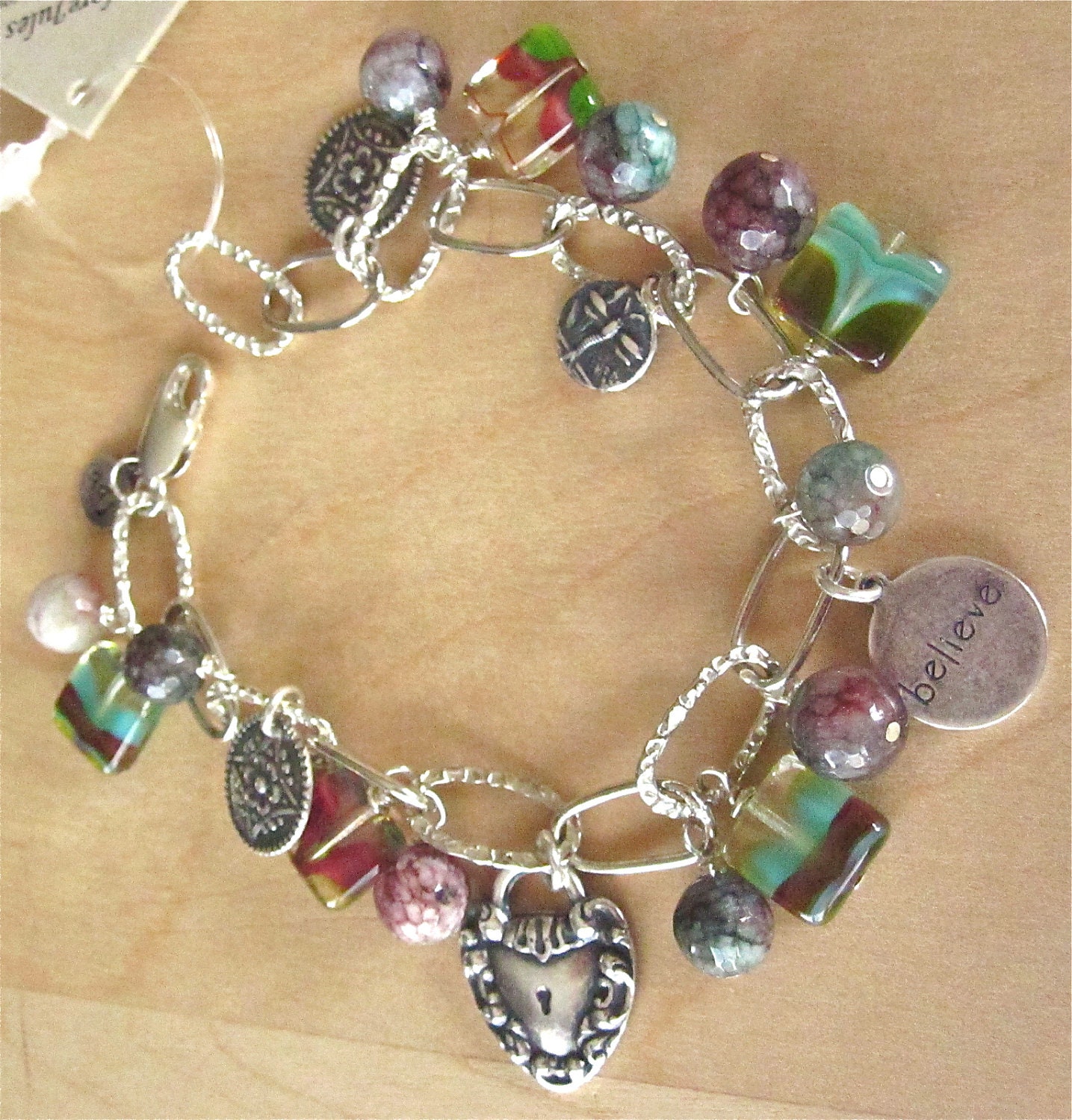 Large Link Silver Charm Bracelet - Purple Agate Gemstones - Silver Charms -Czech Glass Squares by AdoreJules