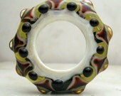 Lampwork Glass Bead Large Hole Disk Mandala Dot Focal Bead Ivory Green Black SRA