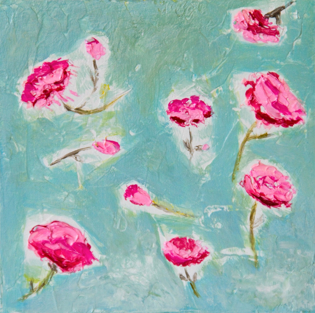 Art Block original painting flowers 5x5  wood textured fuchsia pink turquoise acrylics, for romantic girl's bedrooms