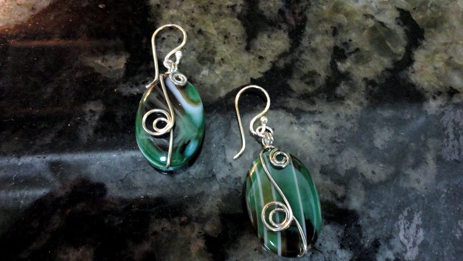 Green Onyx Agate Wire Wrap Pierced Earrings