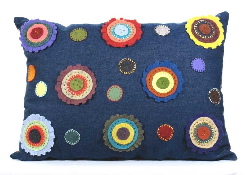 Decorative Penny Rug Pillow: Handmade Wool Felt Flowers on Denim
