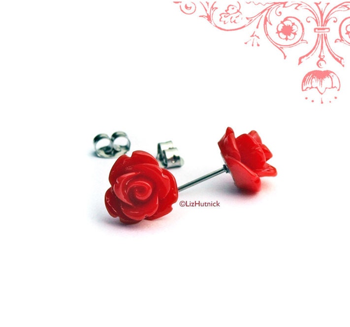 Red Rose Stud Earrings. Gothic Red Rosette Posts.