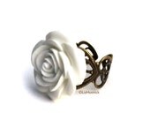 On SALE Today. White Tea Rose Ring. Heart Filigree Ring. Adjustable. Flower Ring.