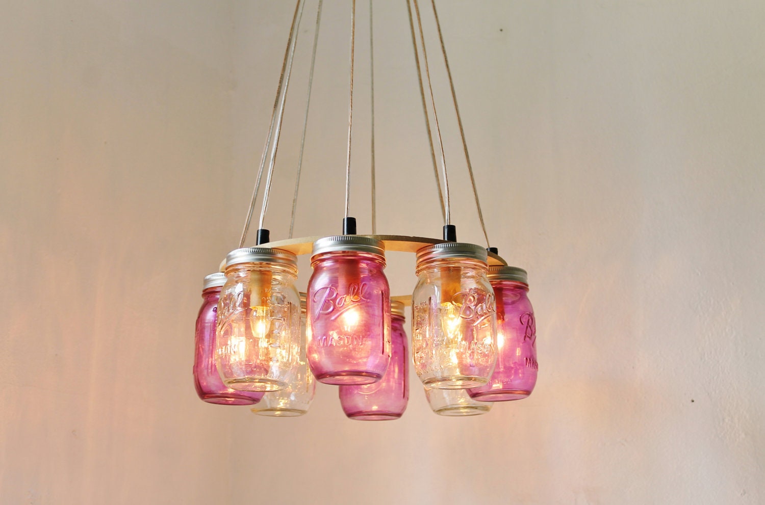 PURPLE Passion MASON Jar Chandelier - Upcycled Hanging Mason Jar Lighting Fixture Direct Hardwire - BootsNGus Lamps Rustic Home Decor