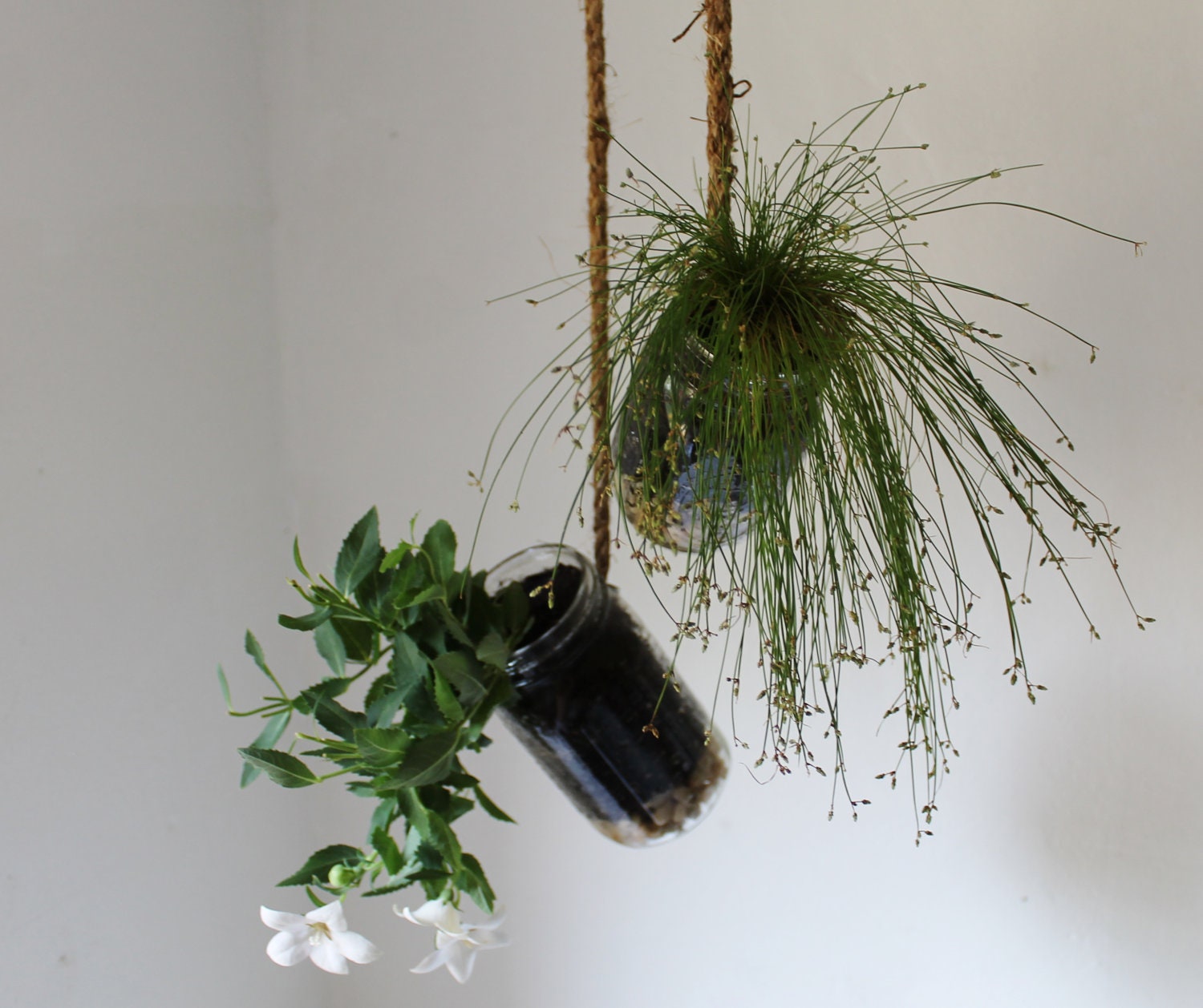 Set of 2 Hanging Mason Jar Planters with drainage - Upcycled home & garden decor - Quart and Pint Ball Jars BootsNGus design