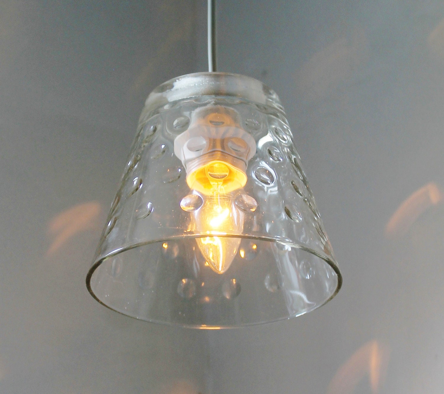 DOTS and LOOPS - Hanging Pendant Lighting Fixture - Upcycled Vintage Bubble Dots Clear Glass Ice Bowl Lamp Original BootsNGus OOAK Design