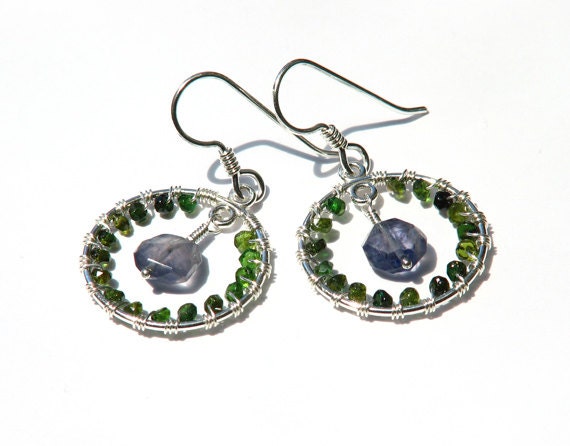 Compass inspired gemstone hoop earrings- wire wrapped emerald green tourmaline blue iolite dangle earrings- silver- boho mod- Spring
