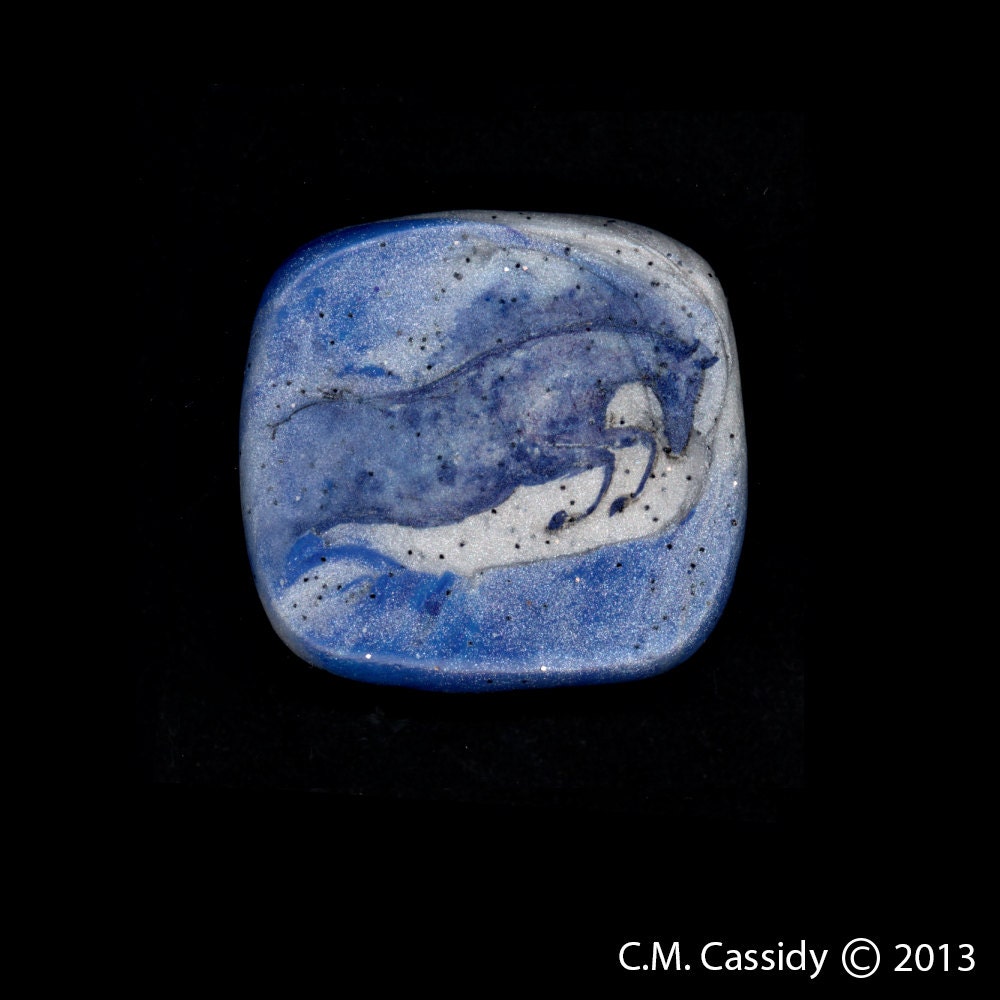 Out of the Blue  Pin or Pendant. Jumping Horse Jewelry. Original Ink Drawing on Polymer Clay White and Midnight Blue 3119