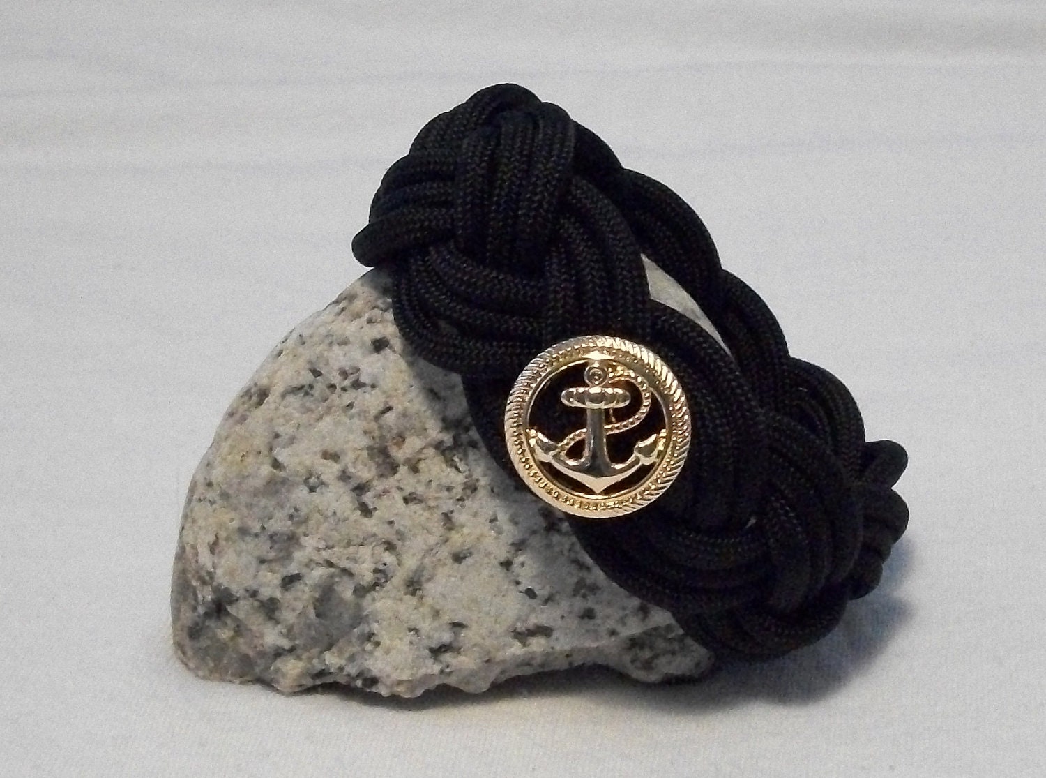 Black Turks Head Knot Bracelet with Gold Anchor Accent