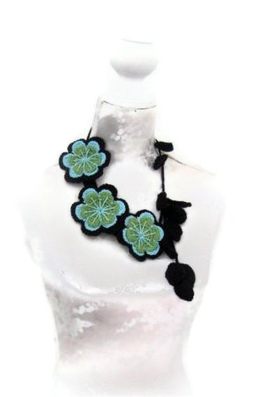 Crochet Jewelry, Necklace black,turqouise and green