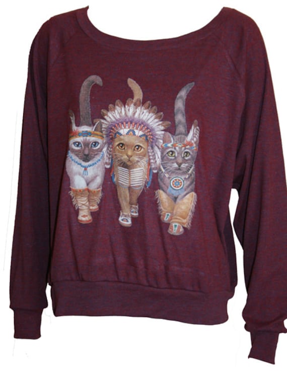 Three Native Kitty Cats Pullover Slouchy "Sweatshirt"  Top American Apparel Cranberry S