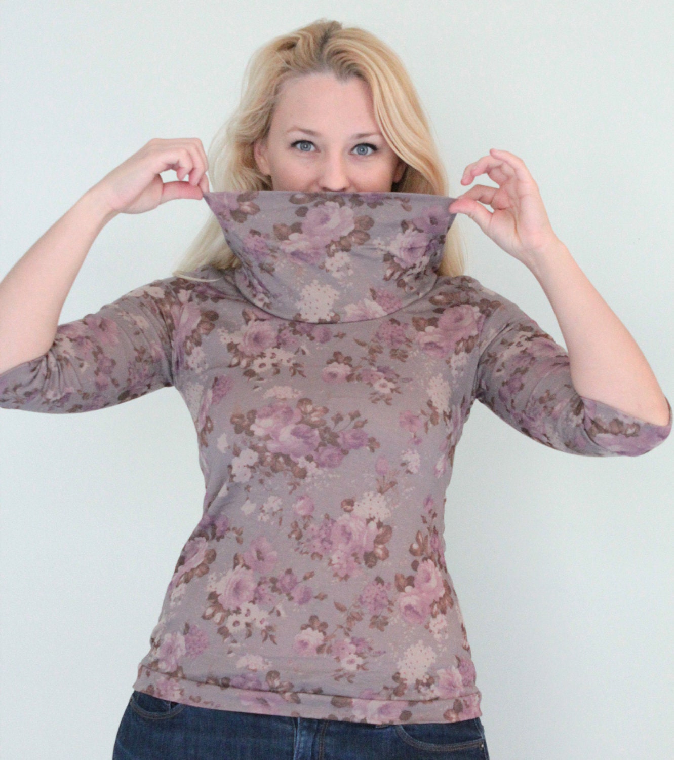 Verity Cowl Top Shirt with Sleeves Dusty Floral - Sale