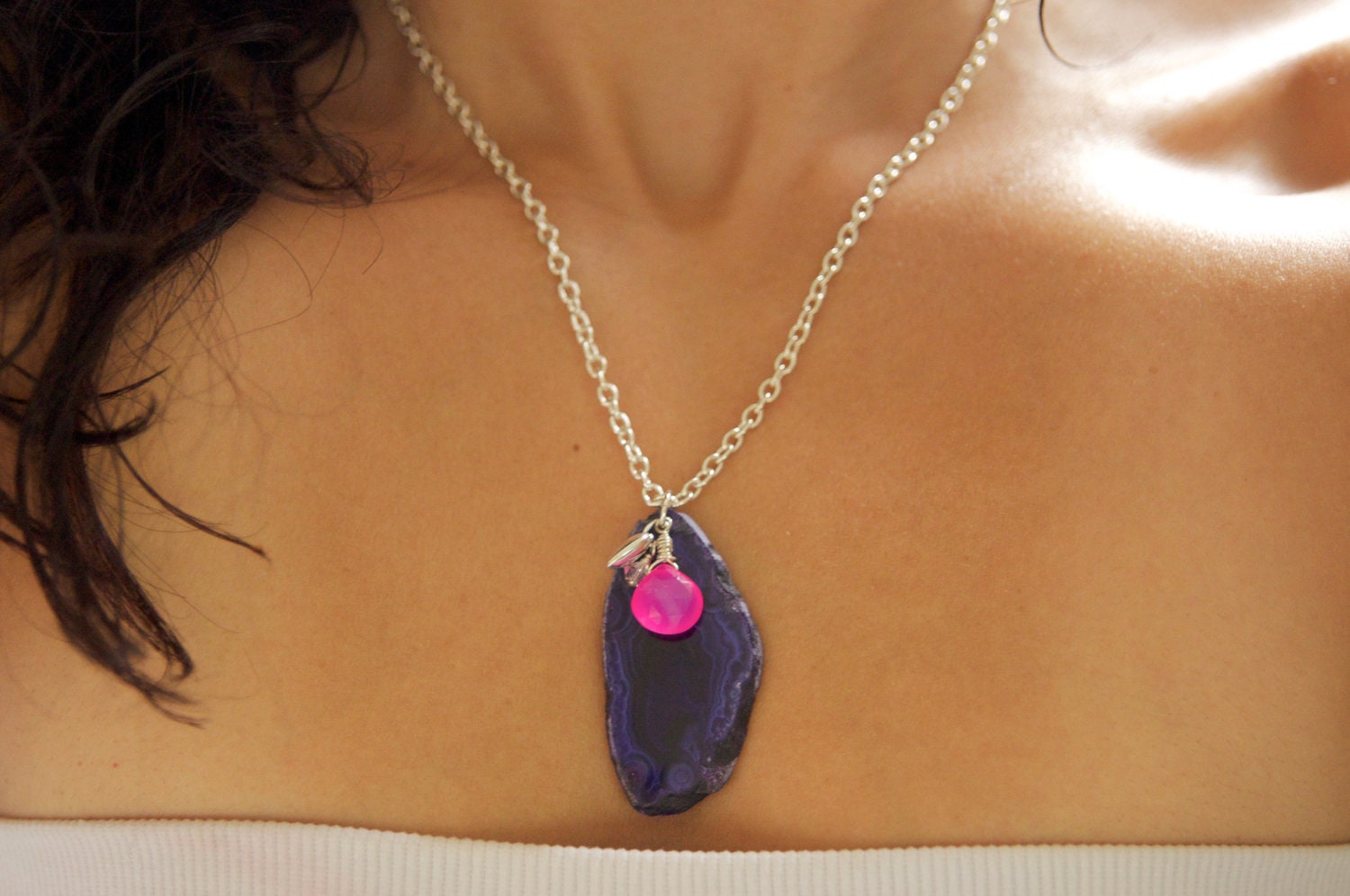 Sterling Silver Purple Agate & Pink Chalcedony 'Love' Necklace