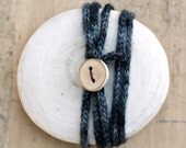 I Cord Wrap Bracelet - 5 Wrap - Boho - Natural Wedding Jewelry - Hand Knit - Merino Wool - Birch Wood Button - Black and Gray