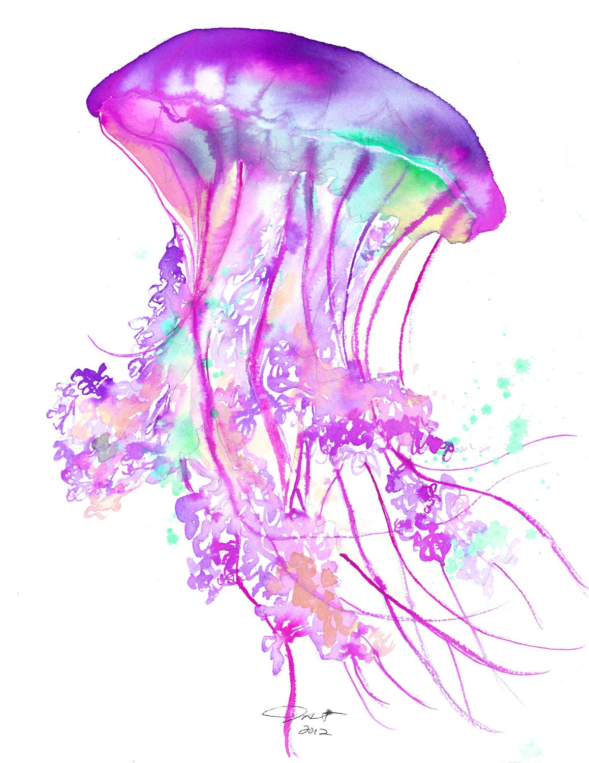 Print from original watercolor jellyfish series by Jessica Durrant titled Electric Feel No. 2