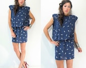Vintage 80's Navy Blue Feather Print Dress / Strong shoulders / Draped Bodice