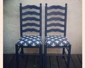 Pair of Vtg 1960s Ladder Back Chairs in Periwinkle with Medical Cross Fabric