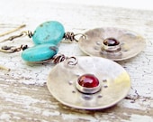 Sterling Silver Dangle Earrings Western Turquoise Garnet Gemstone Earrings