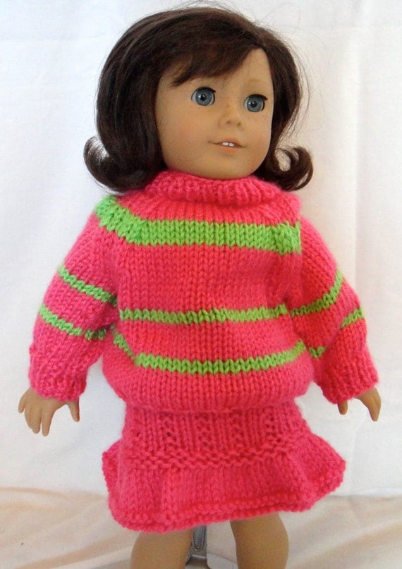 Sweater and Skirt Set Hot Pink Lime Green American Girl Doll