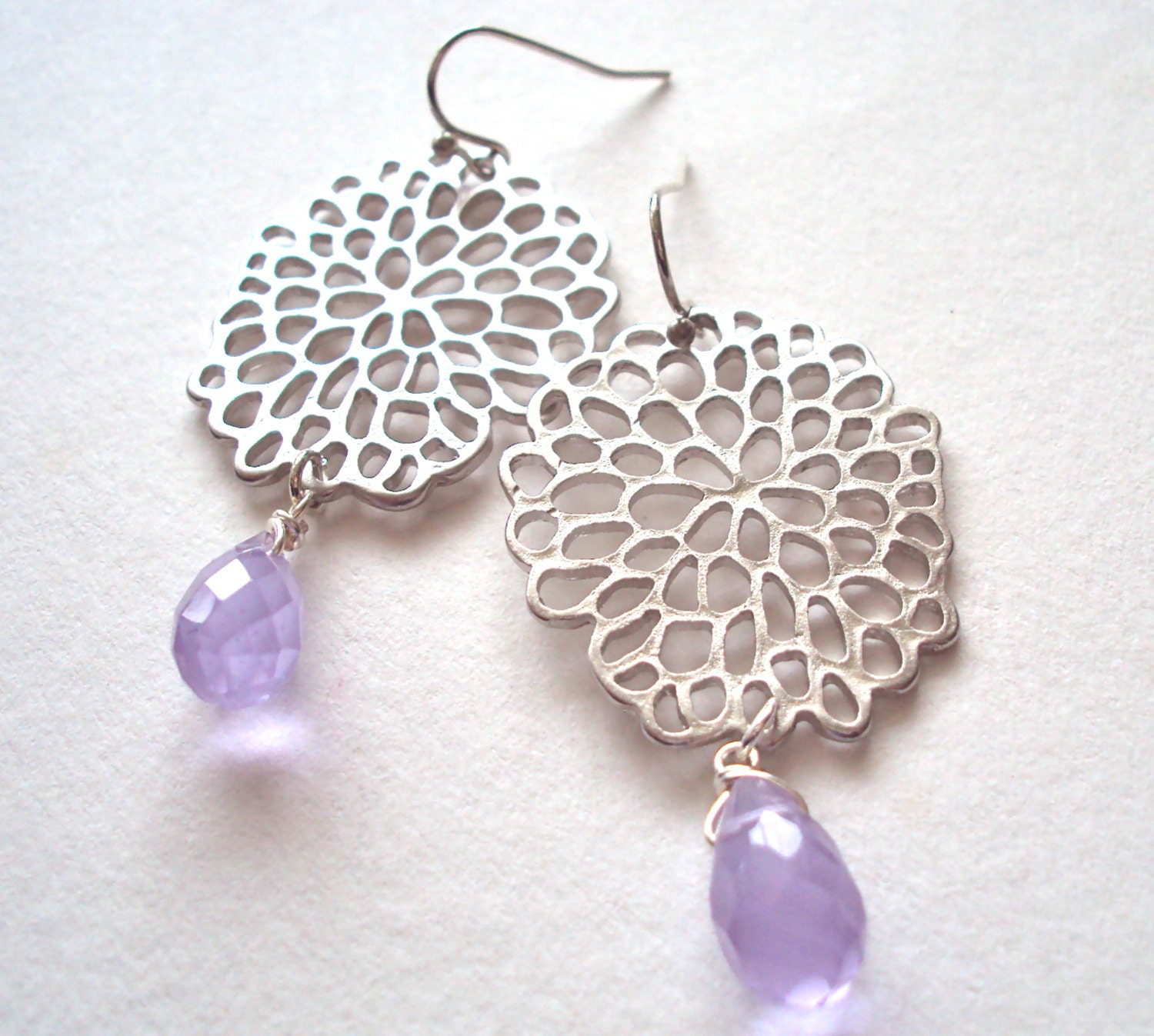 Silver Chrysanthemum & Purple Quartz dangly earrings