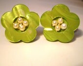Vintage Earrings Neon Lime Green Celuloid Fun Flowers Pearl Centers Statement 50s Retro Resort