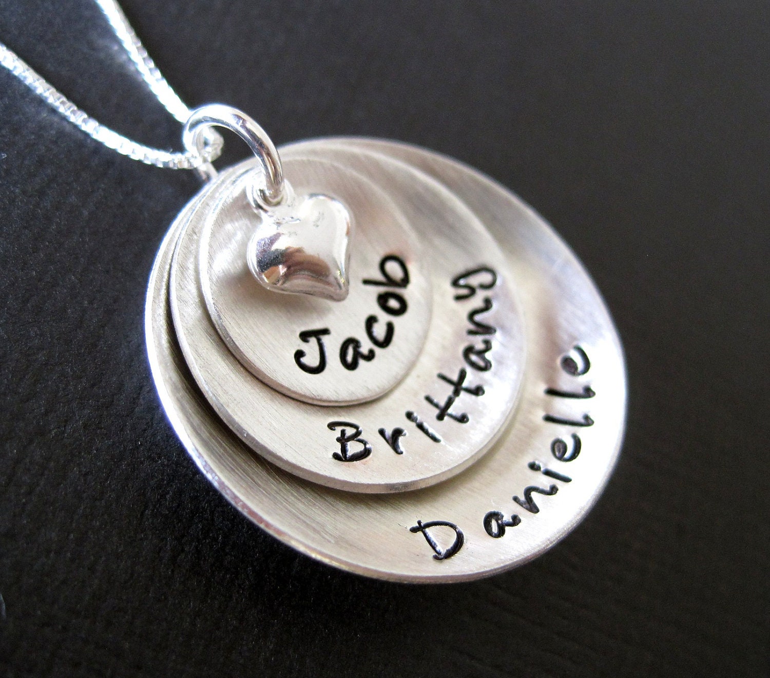 Domed Hand Stamped Personalized Sterling Silver Necklace for Mom - Three Pendants