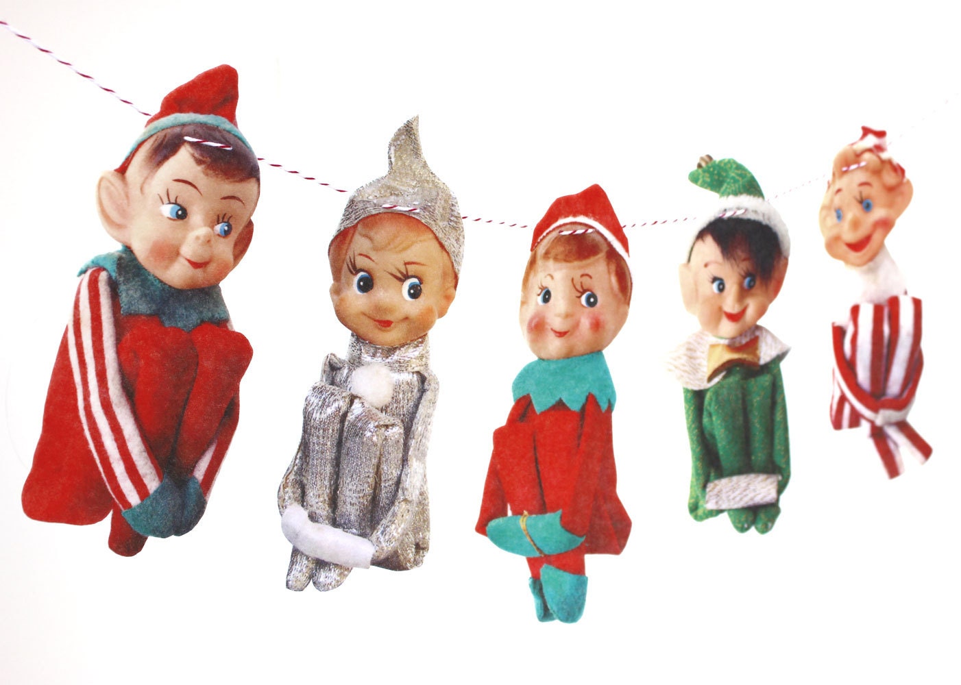 Vintage Christmas Elves Banner, vintage Knee-Hugger Elf Garland, kitch Christmas, vintage elves Christmas garland