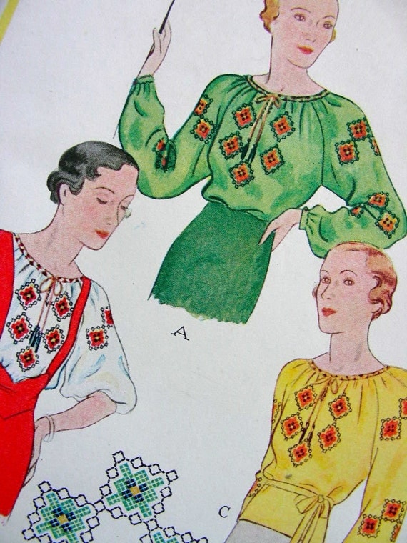 RARE - EXQUISITE Vintage 1930's McCALL Sewing Pattern 87 - Uncut - Russian Blouse & Embroidery Transfer