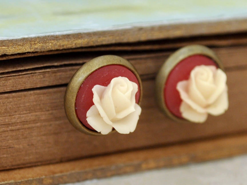 IVORY antiqued brass stud earrings with vintage maroon color resin cabs with cream color roses