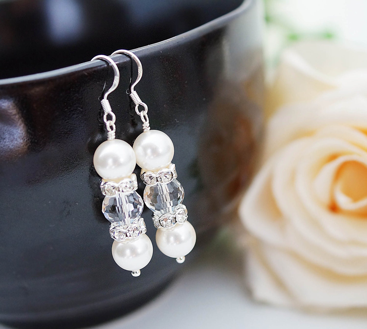 Wedding Jewelry Bridal Earrings Bridesmaid Earrings Sweet Crystal white Swarovski Pearls and Crystal with rhinestone rondelles