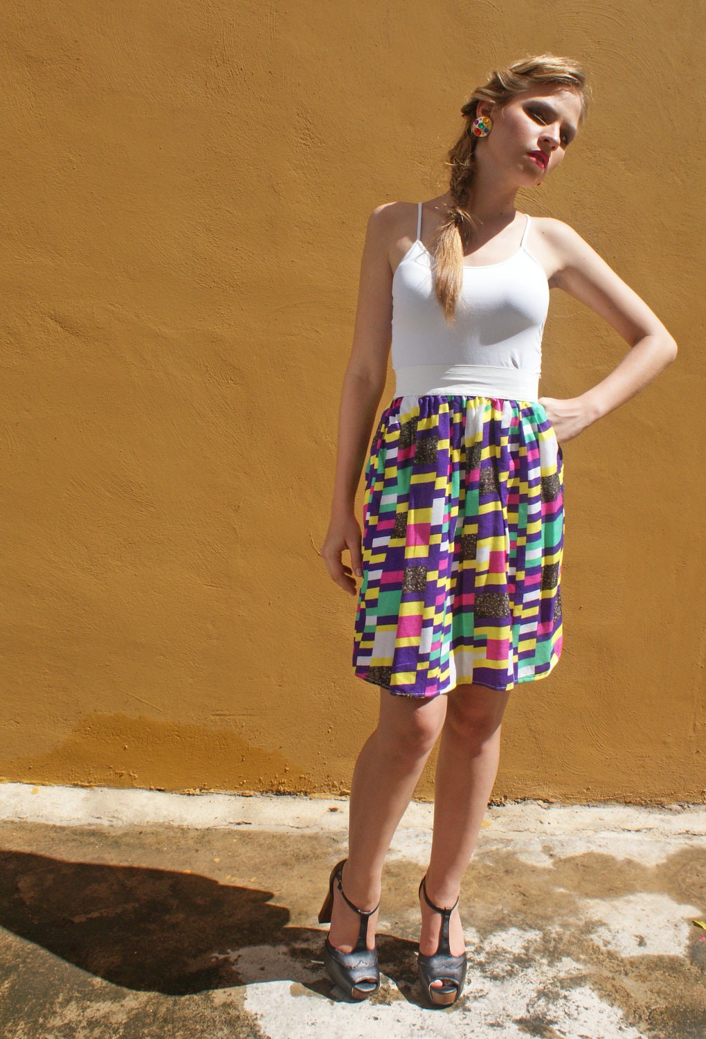 Cotton skirt colorful 80s print knee length FINAL SALE