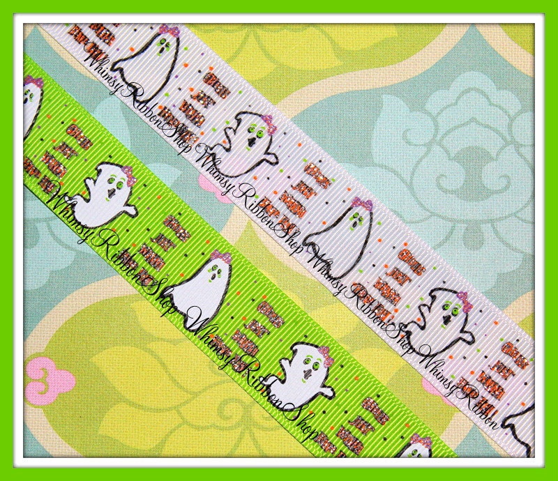 NEW 20 Yards 7/8 HALLOWEEN white Ghosts Ghouls dots orange black purple on Lime Green White Grosgrain Ribbon sewing bows Glitter 10 yd ea