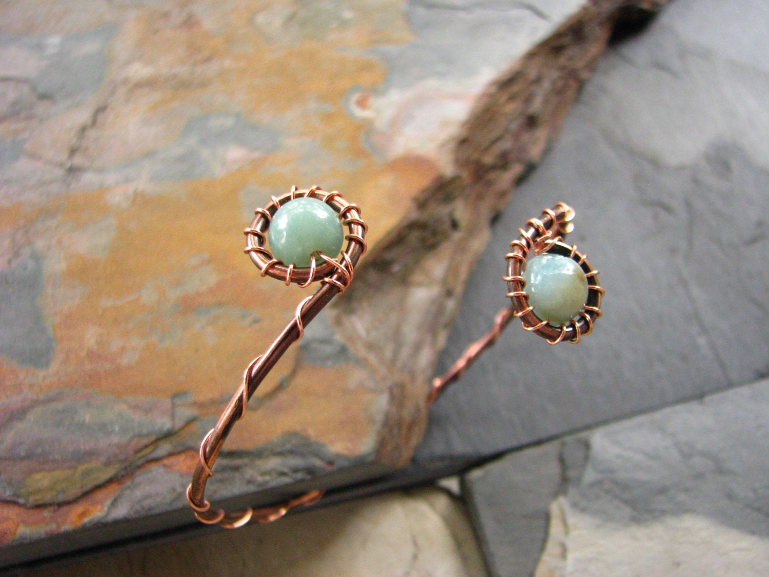 Copper and Amazonite Adjustable Cuff - Wire Wrapped