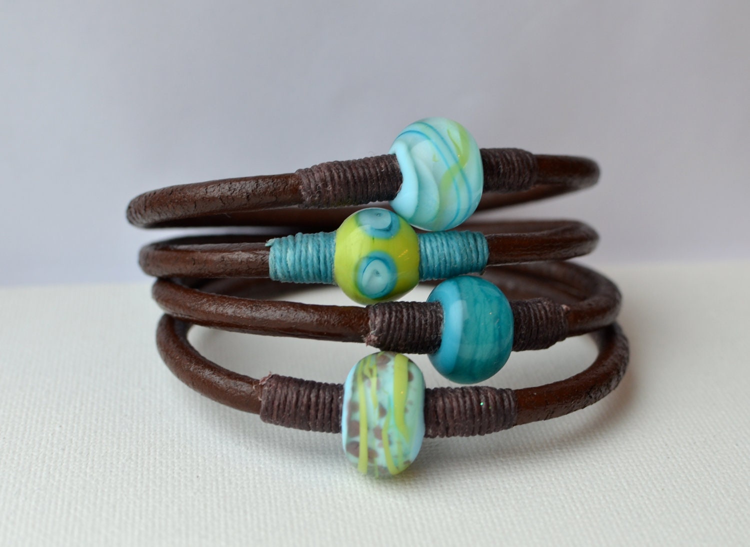 Mix and Match Leather Bangles w/ Lampwork Bead- Ocean