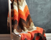 Vintage Afghan Blanket  70s Crocheted Zig Zag Warm Fall Colors - drowsySwords