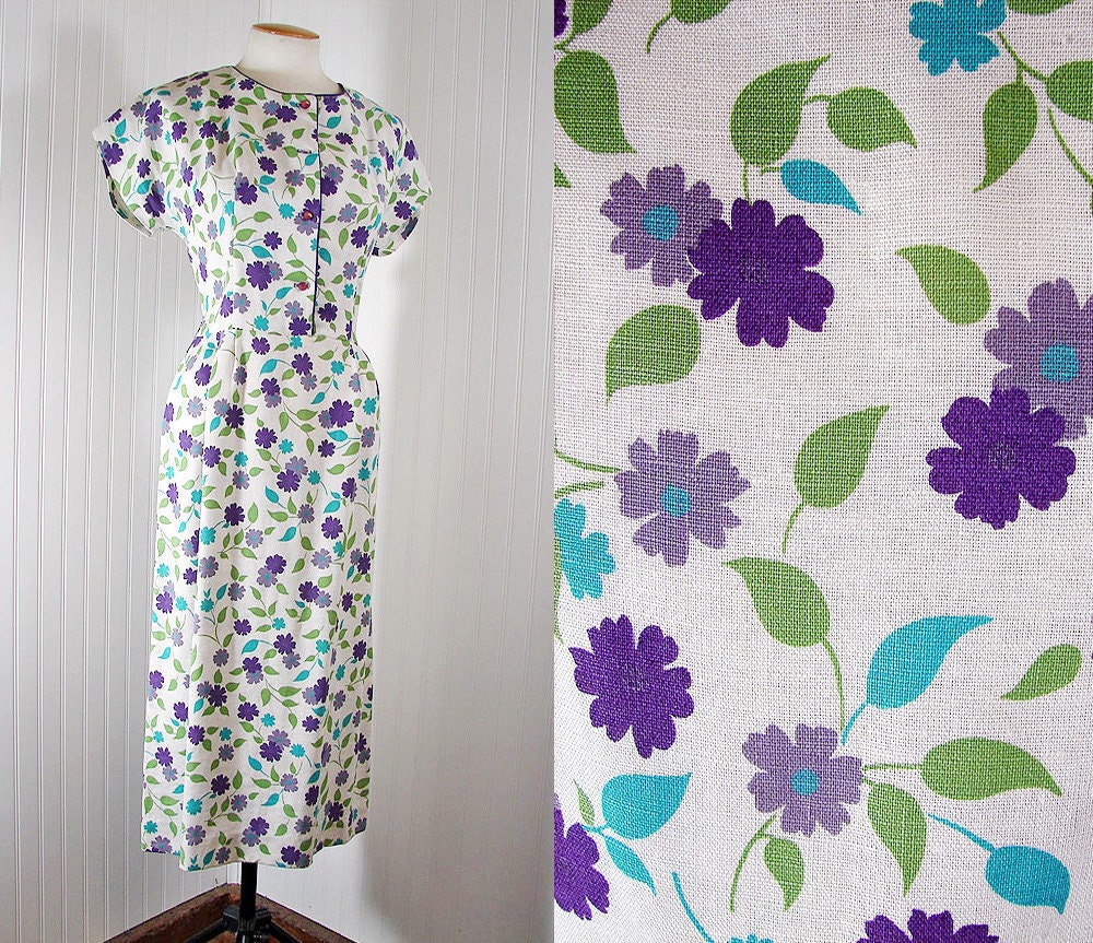 1950s Dress - Vintage 50s Designer Dress Linen Wiggle Tea Party Dress w Violets L - Mood Magnifique