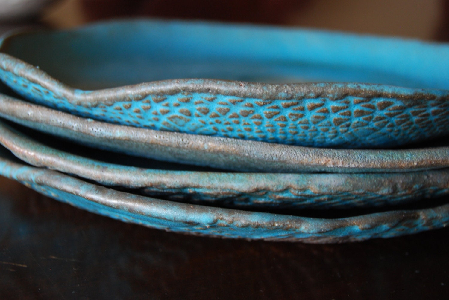 Turquoise ceramic dinner plates - personalized wedding gift - stoneware dishes - Set of 4 ceramic tableware dinnerware