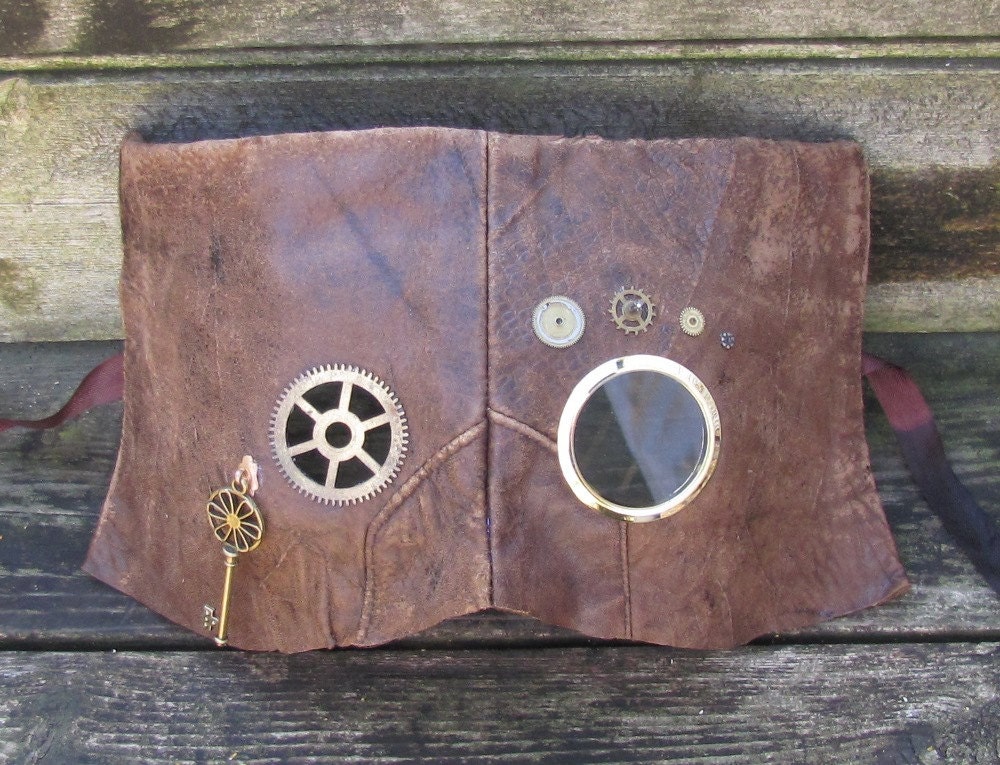 Steampunk masquerade mask for eyeglasses with brown salvaged leather, The Key