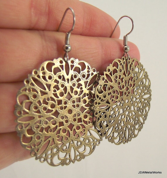 Round Antiqued Brass Filigree Earrings, Brass Earrings
