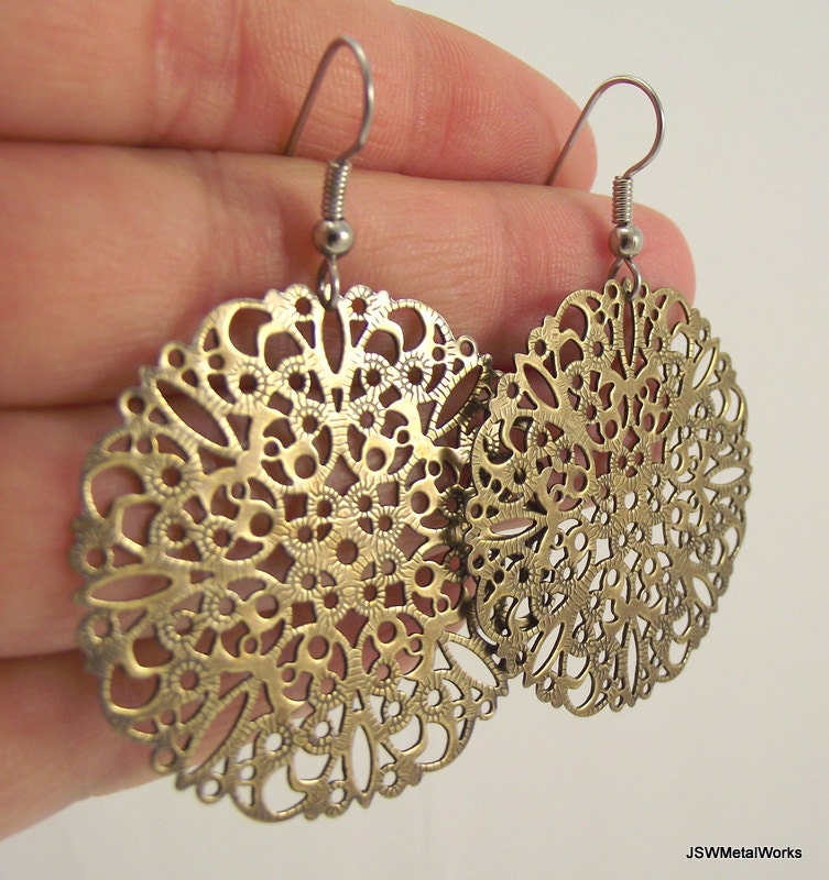 Round Antiqued Brass Filigree Earrings, Brass Earrings