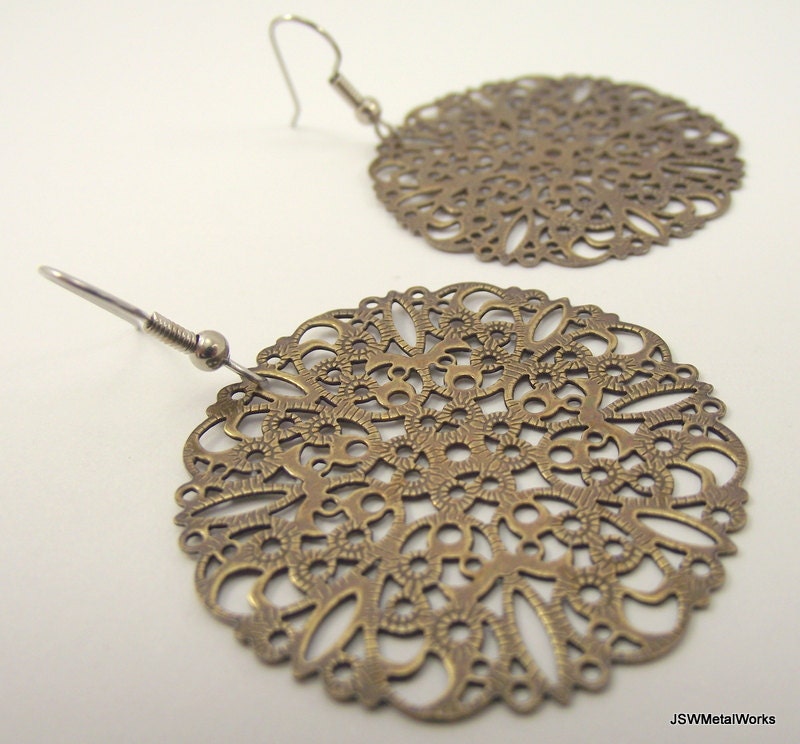 Round Antiqued Brass Filigree Earrings, Brass Earrings