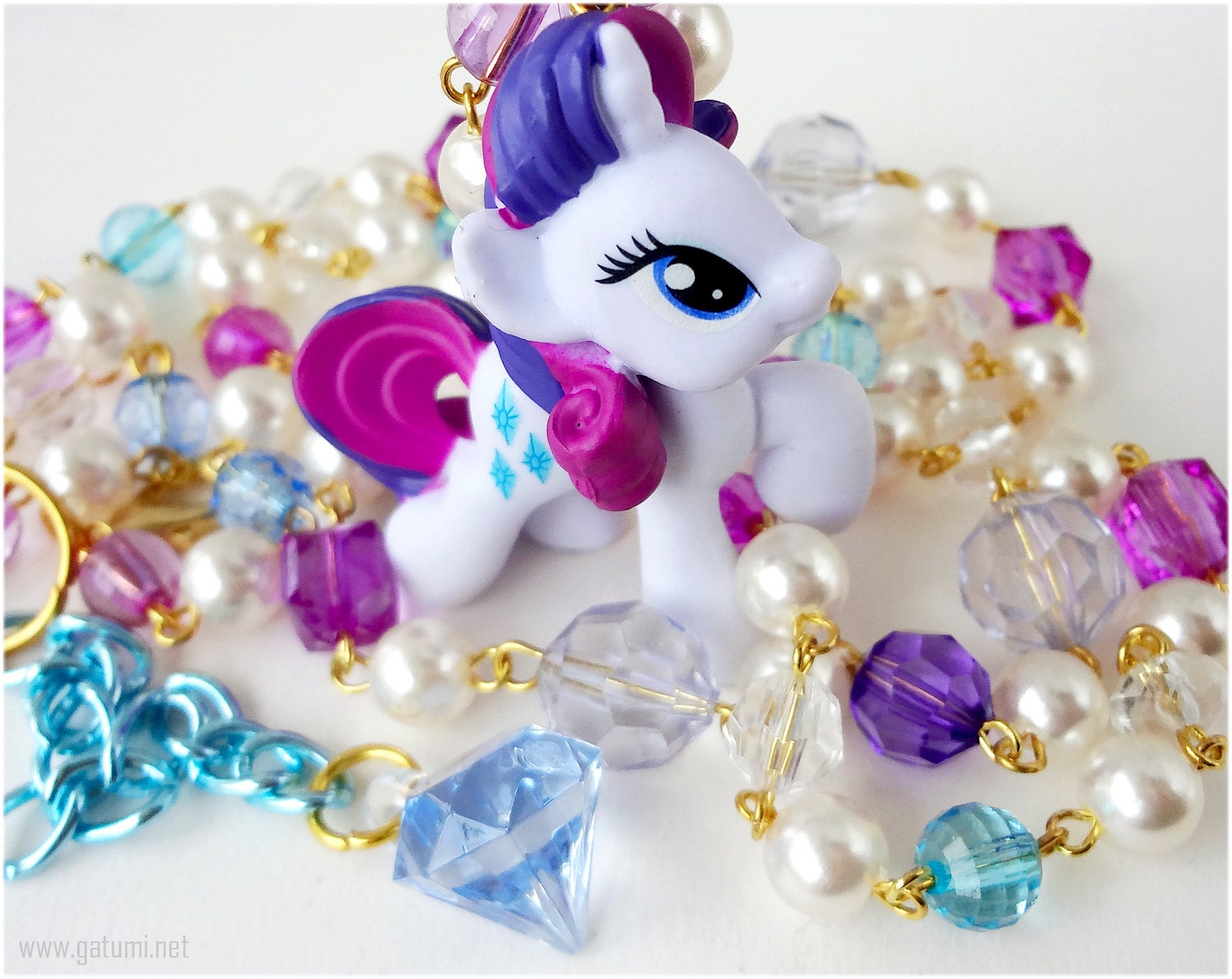 My Little Pony Rarity Necklace, Upcycled Toy Pendant on Beaded Faux Pearl Rosary Chain in Gold - Fairy Kei