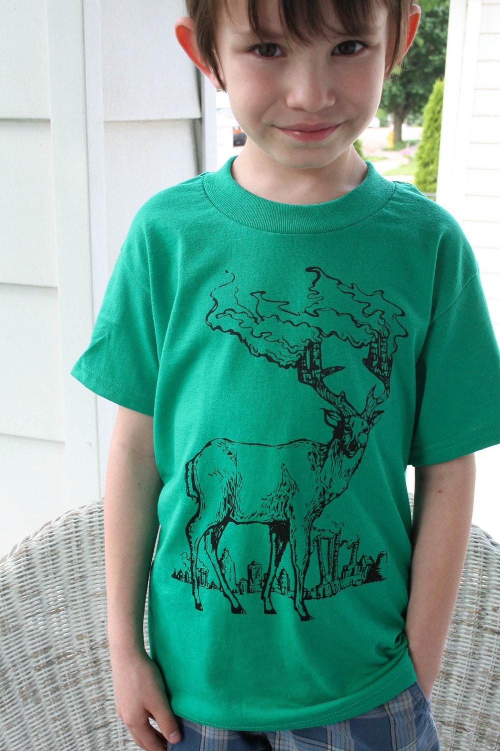 SALE Deer with Smoke Stack Anglers Hand Drawn Design on Children's Green Hanes Youth size Tee